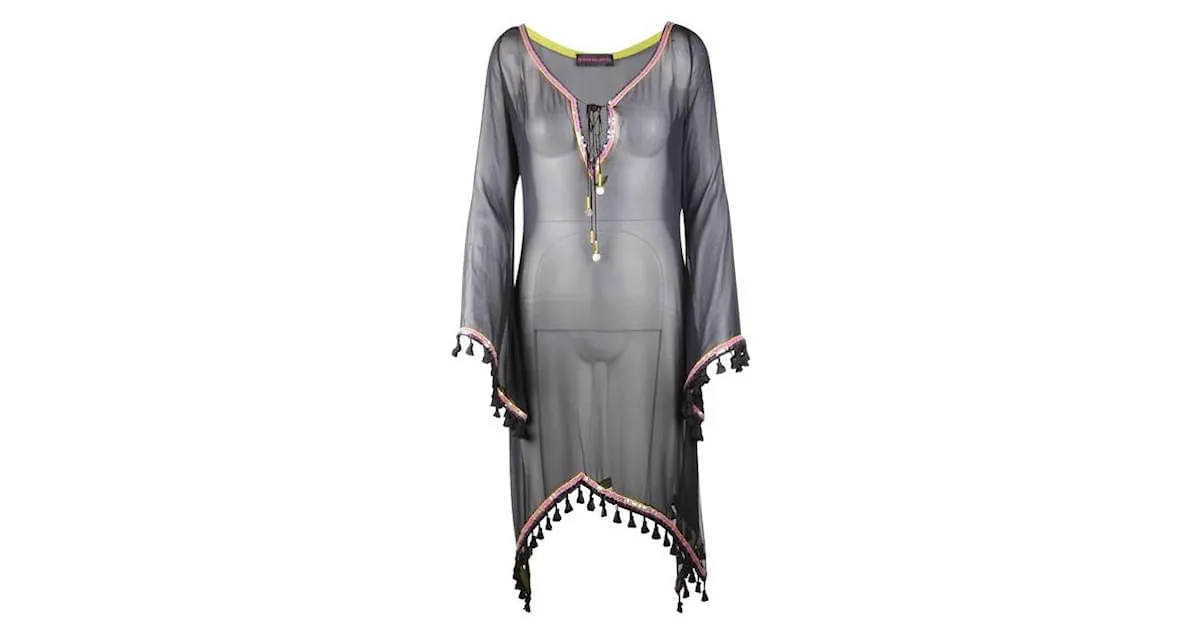 Autre Marque DISEÑADOR CONTEMPORÁNEO Poncho de seda con adornos en negro 