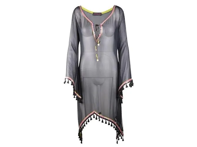 Autre Marque DISEÑADOR CONTEMPORÁNEO Poncho de seda con adornos en negro 