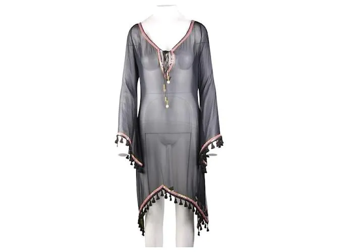 Autre Marque DISEÑADOR CONTEMPORÁNEO Poncho de seda con adornos en negro 