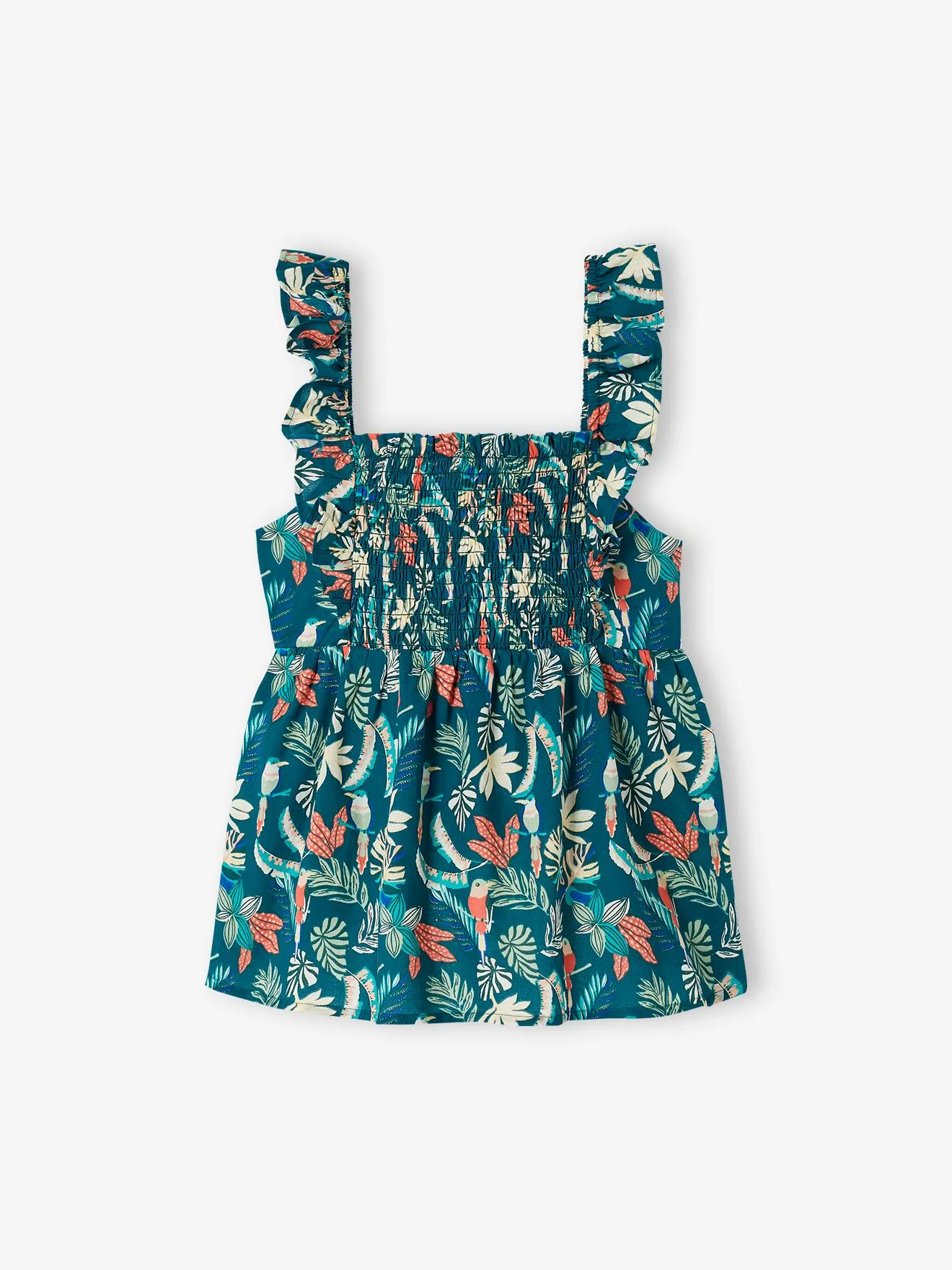 Blusa con smocks y tirantes con volantes para niña