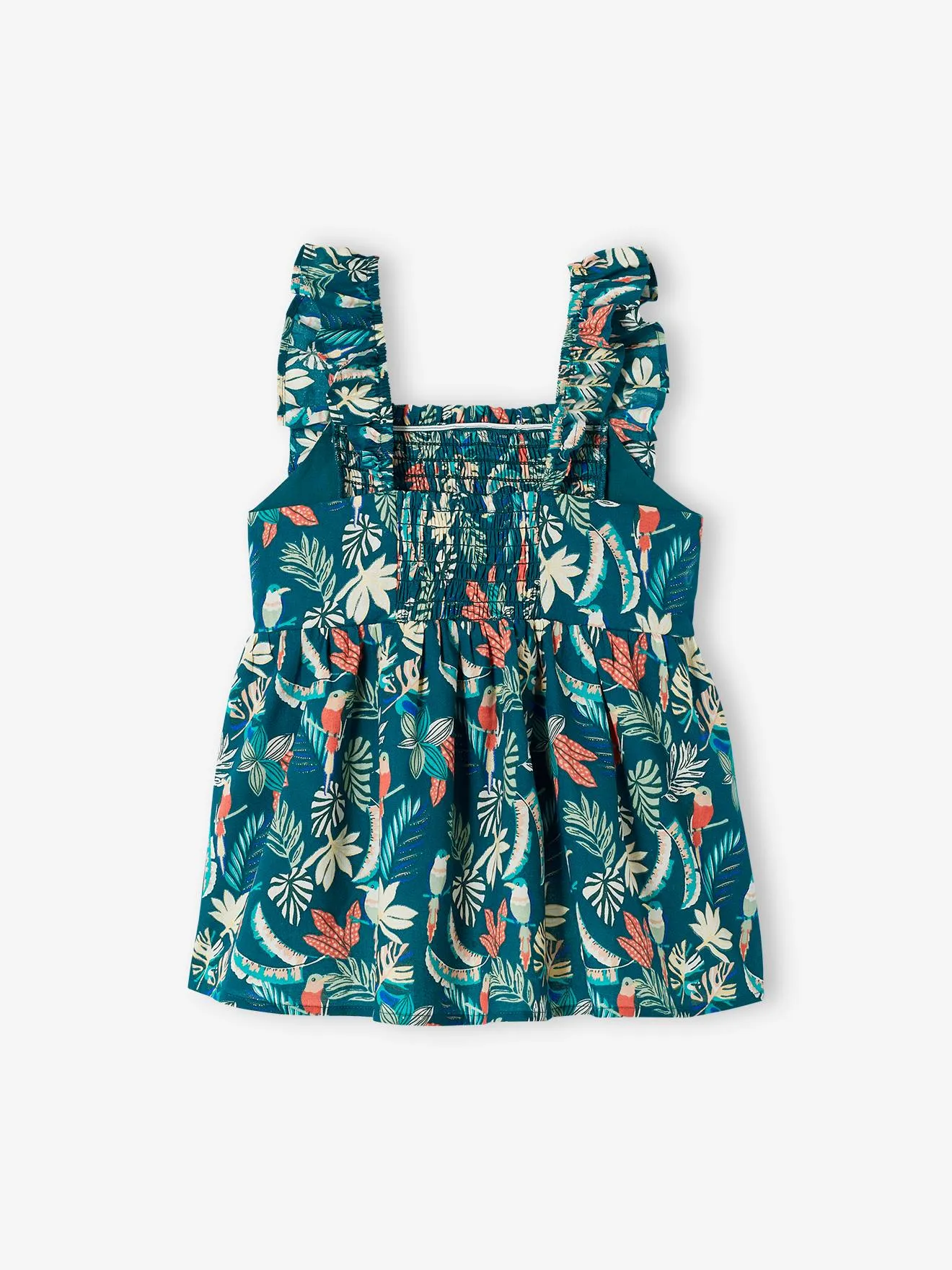 Blusa con smocks y tirantes con volantes para niña