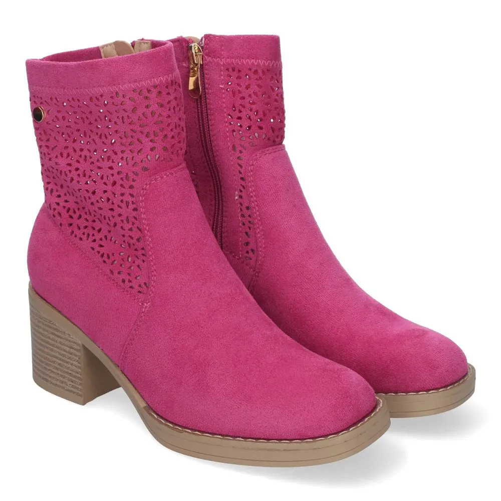 Botines de Mujer Primavera Verano de color Fucsia con Tacón Ancho Diseño Perforado con Cremallera La