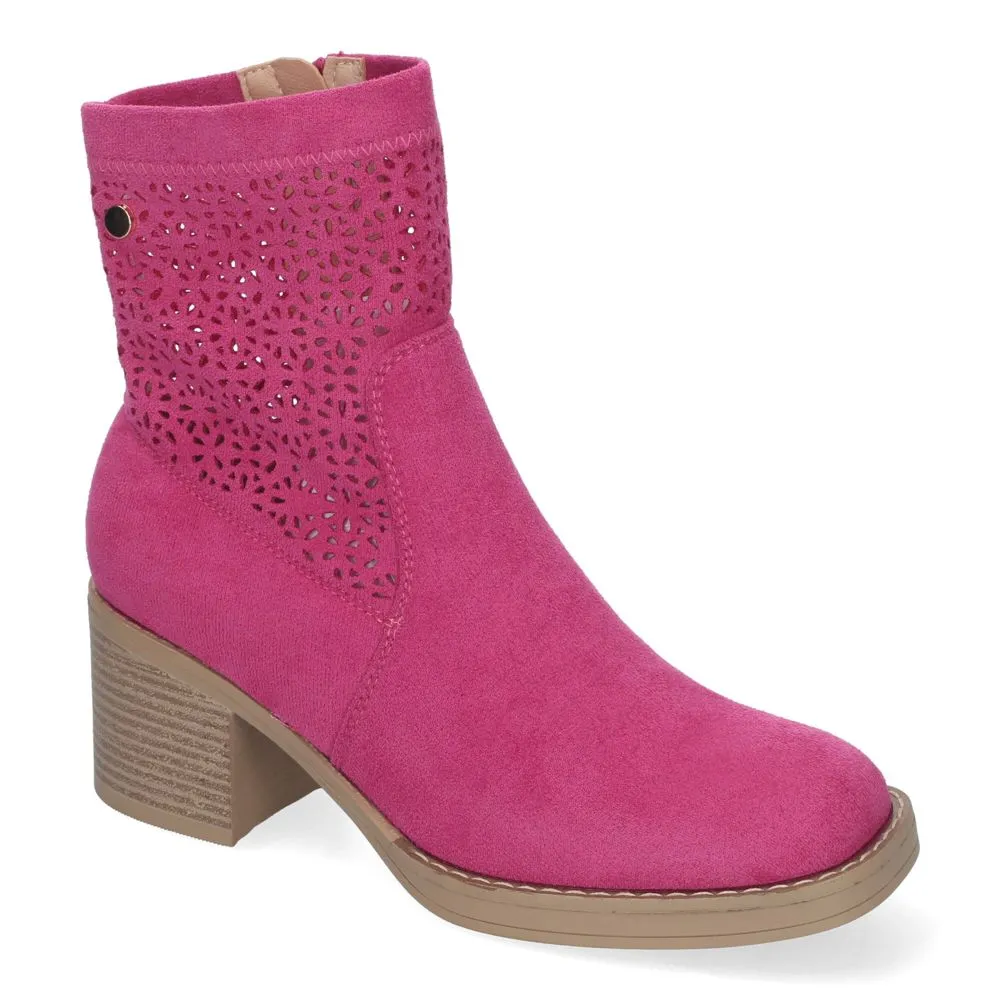 Botines de Mujer Primavera Verano de color Fucsia con Tacón Ancho Diseño Perforado con Cremallera La