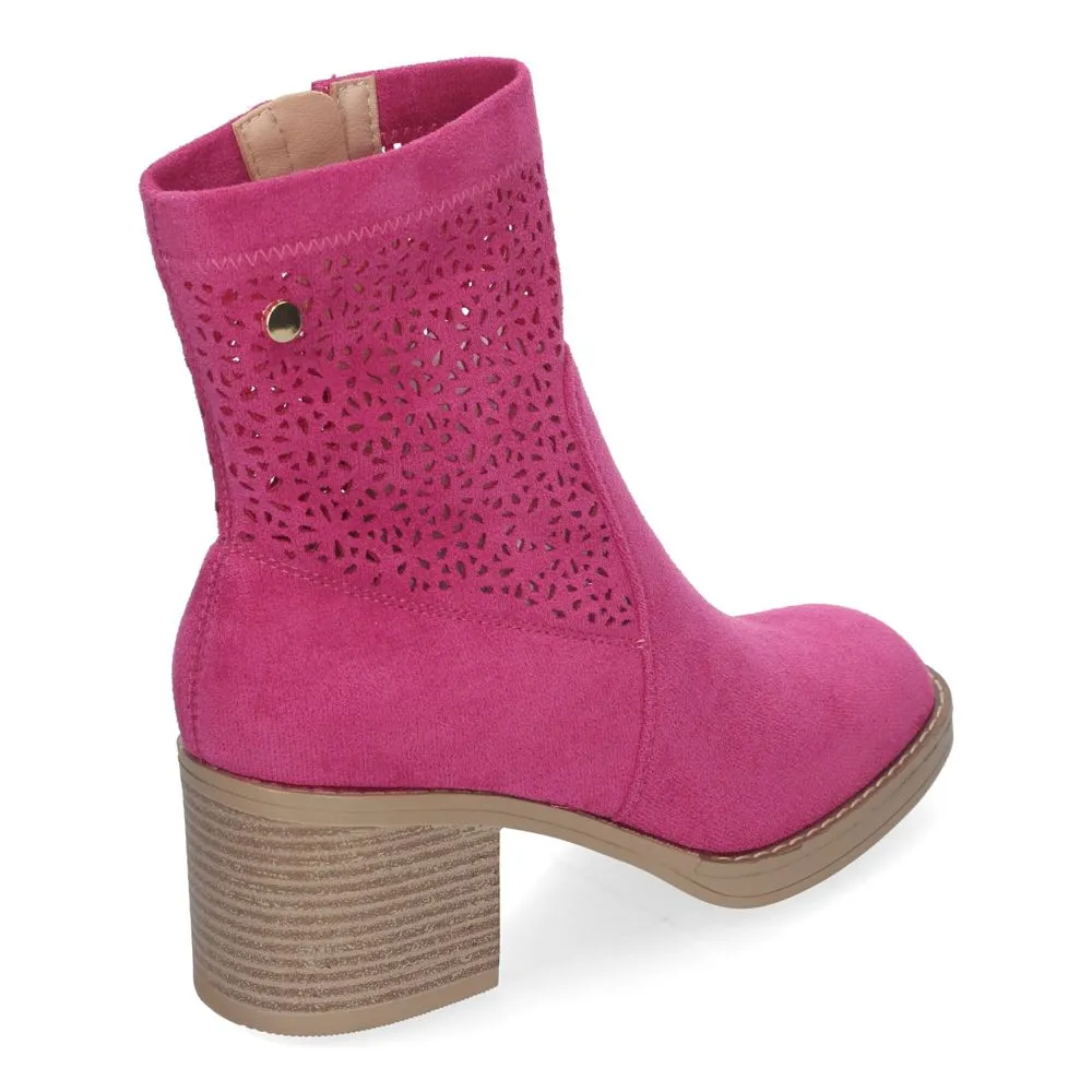 Botines de Mujer Primavera Verano de color Fucsia con Tacón Ancho Diseño Perforado con Cremallera La