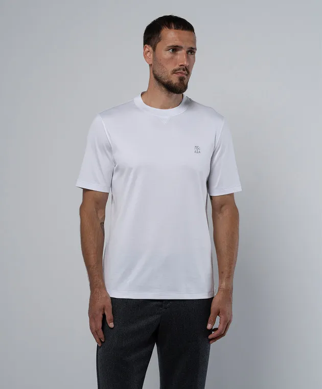 BRUNELLO CUCINELLI WHITE TSHIRT WITH LOGO EMBROIDERY