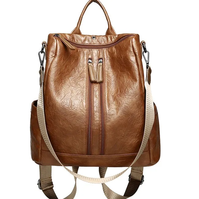 CASUAL DOUBLE ZIPPERS SCHOOL PU RETRO MULTIFUNCTION SHOULDER BAG STUDENT BACKPACK