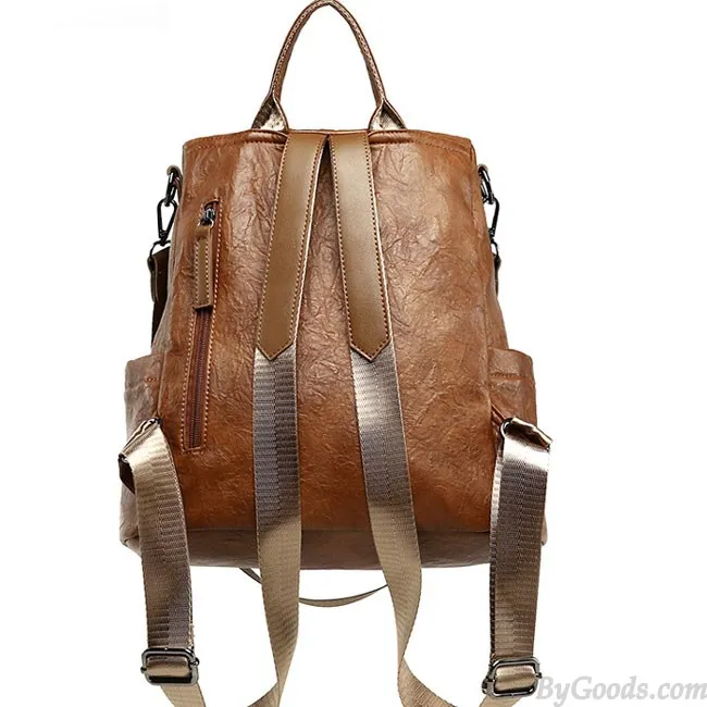 CASUAL DOUBLE ZIPPERS SCHOOL PU RETRO MULTIFUNCTION SHOULDER BAG STUDENT BACKPACK