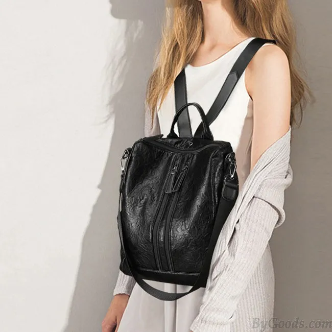 CASUAL DOUBLE ZIPPERS SCHOOL PU RETRO MULTIFUNCTION SHOULDER BAG STUDENT BACKPACK