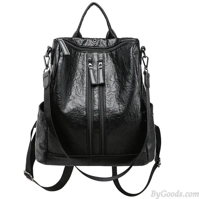 CASUAL DOUBLE ZIPPERS SCHOOL PU RETRO MULTIFUNCTION SHOULDER BAG STUDENT BACKPACK