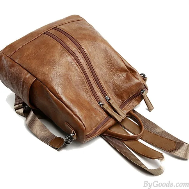 CASUAL DOUBLE ZIPPERS SCHOOL PU RETRO MULTIFUNCTION SHOULDER BAG STUDENT BACKPACK