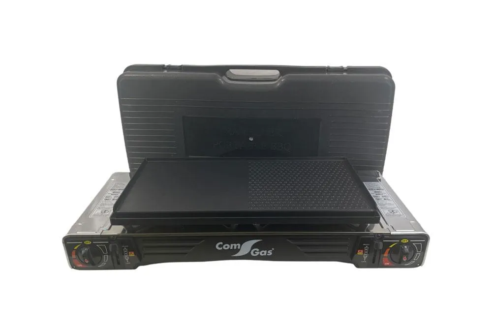 Cocina a gas portatil 2 fuegos + Plancha de hierro fundido
