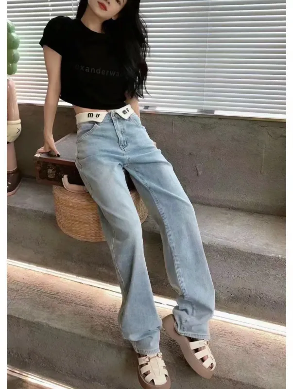 Jeans para mujer diseñadores Jeans de cintura alta de moda con lapa blanca Diseño de letras clásicas Pantalones largos CSG240621