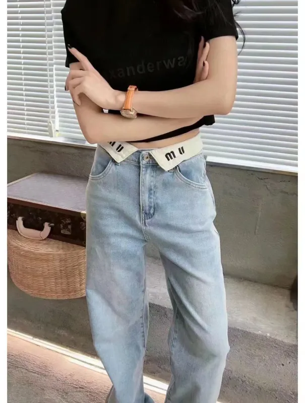Jeans para mujer diseñadores Jeans de cintura alta de moda con lapa blanca Diseño de letras clásicas Pantalones largos CSG240621
