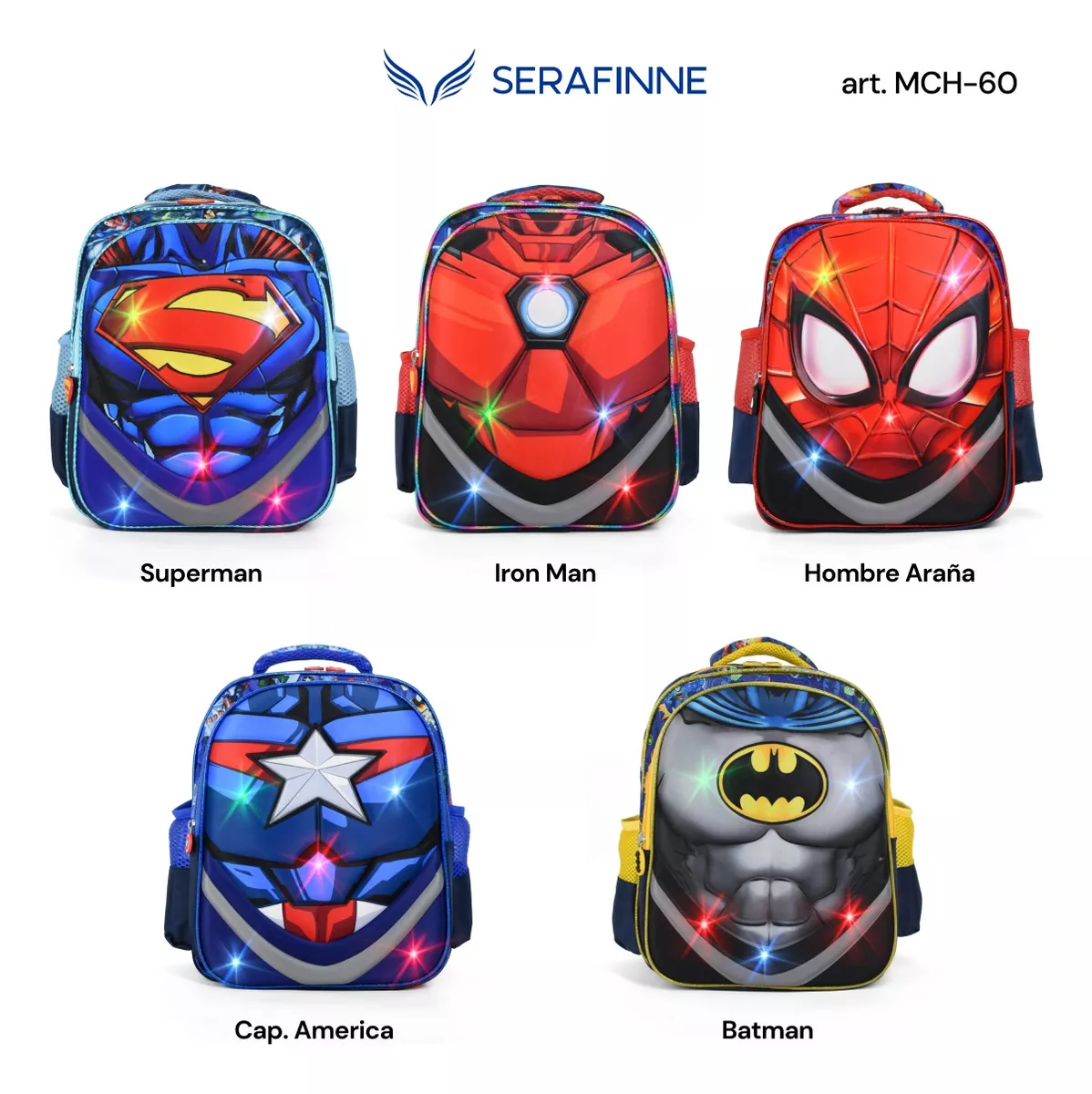 MOCHILA NIñO INFANTIL ESCOLAR SUPERHEROES LUCES MCH60