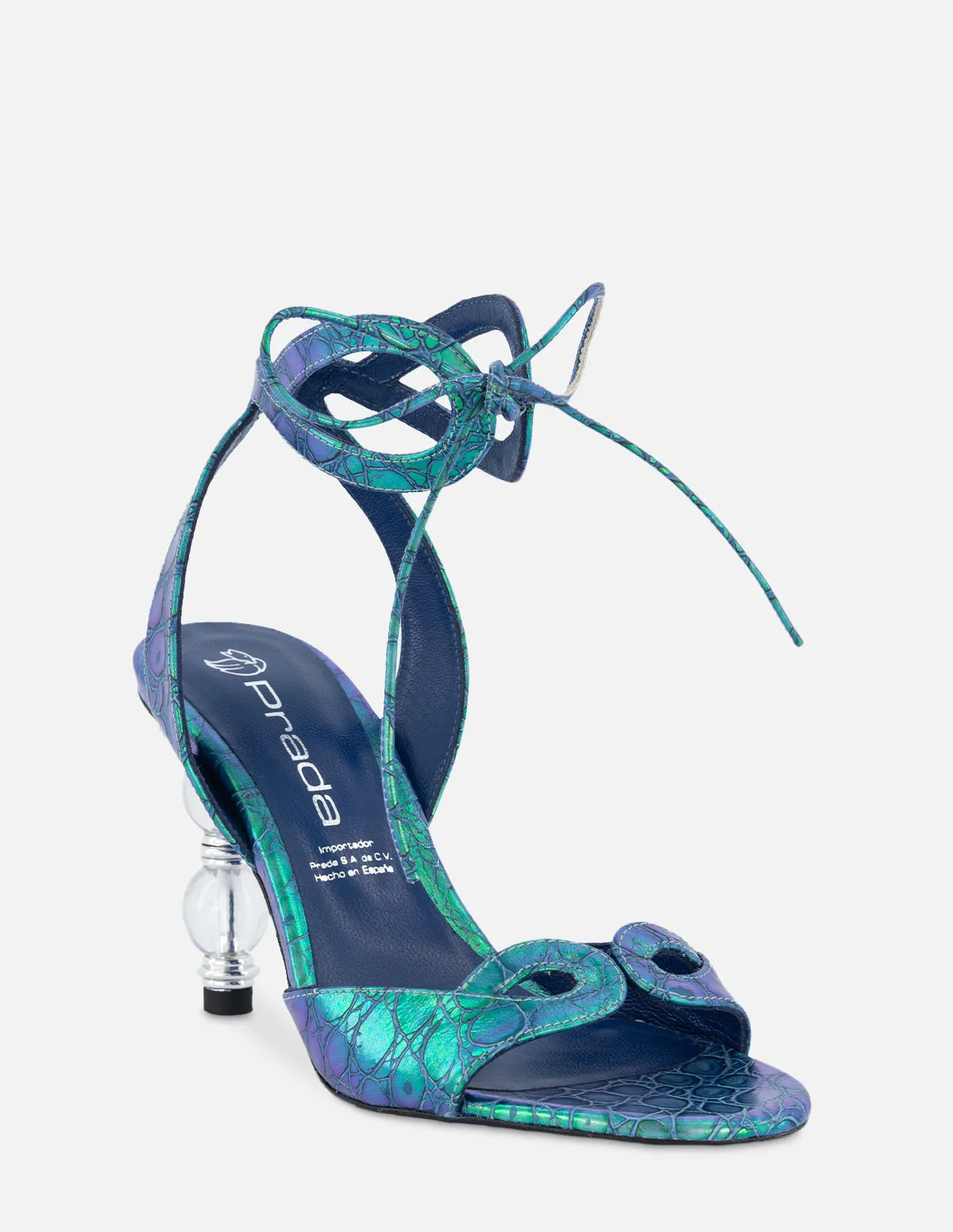 Sandalia en piel con grabado coco color azul para mujer