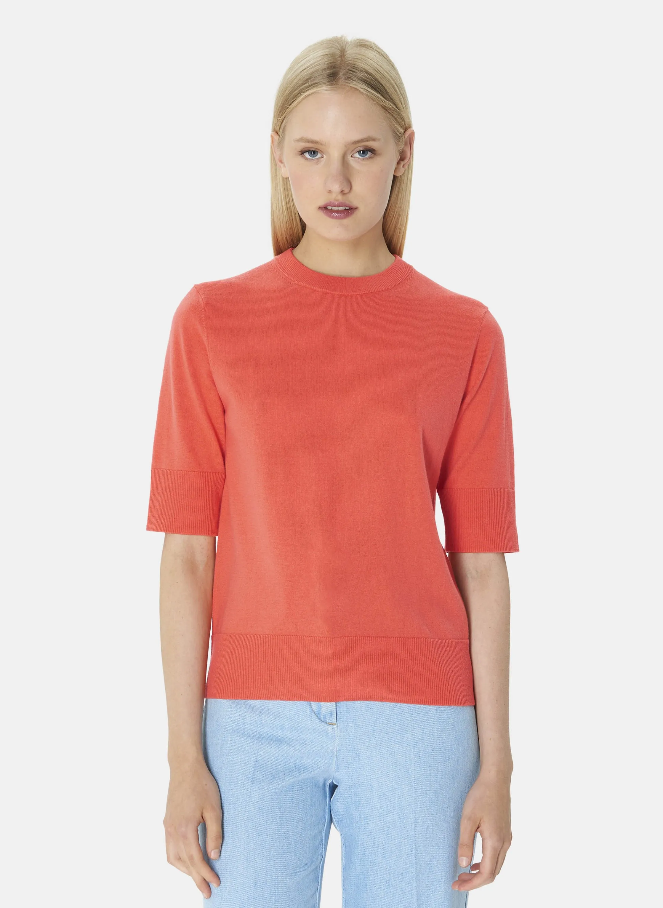 TARA JARMON PAOLINE  JERSEY RECTO DE MEZCLA DE ALGODóN ORGáNICO Y LANA CON CUELLO REDONDO EN NARANJA