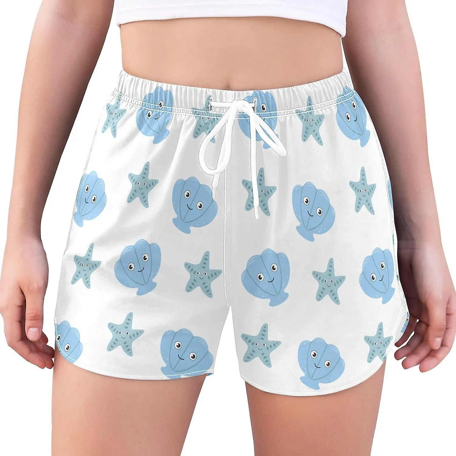 WOMEN'S ATHLETIC SHORTS CARTOON SEASHELL STARFISH BLUE WORKOUT RUNNING GYM QUICK DRY LINER SHORTS WITH POCKETSGGB128