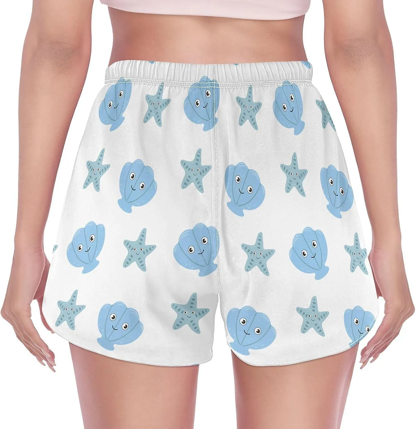 WOMEN'S ATHLETIC SHORTS CARTOON SEASHELL STARFISH BLUE WORKOUT RUNNING GYM QUICK DRY LINER SHORTS WITH POCKETSGGB128