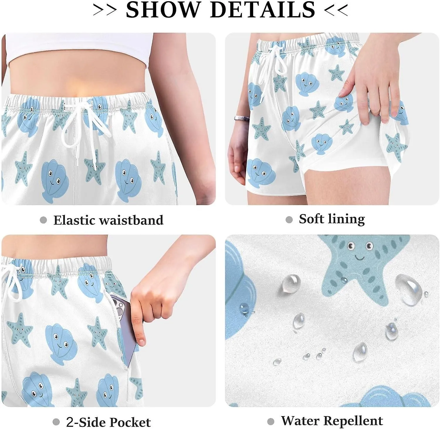 WOMEN'S ATHLETIC SHORTS CARTOON SEASHELL STARFISH BLUE WORKOUT RUNNING GYM QUICK DRY LINER SHORTS WITH POCKETSGGB128