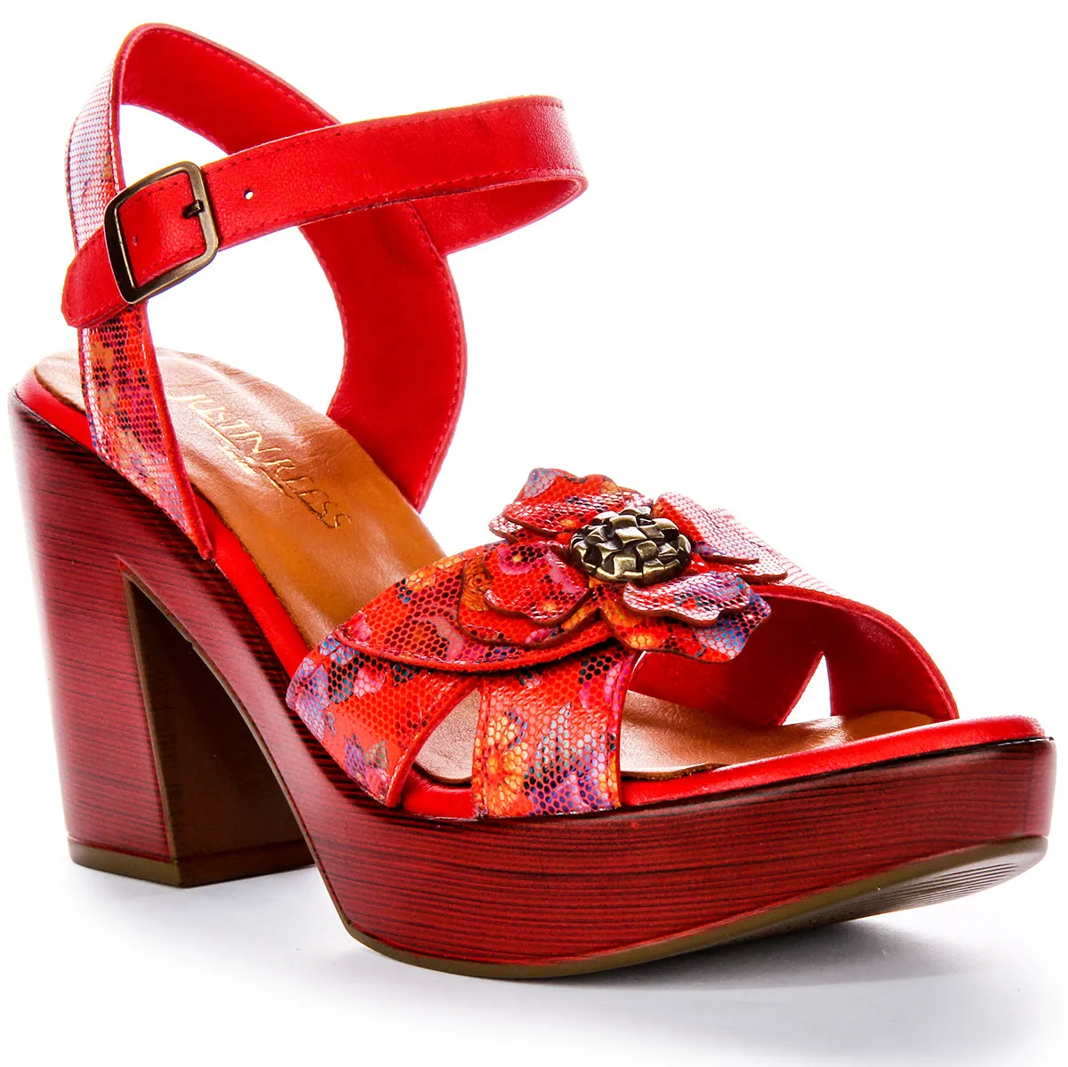 Zapatos de Tacón de Cuero para Mujer  Tacón Abierto Floral en Flor Negra de Justinreess