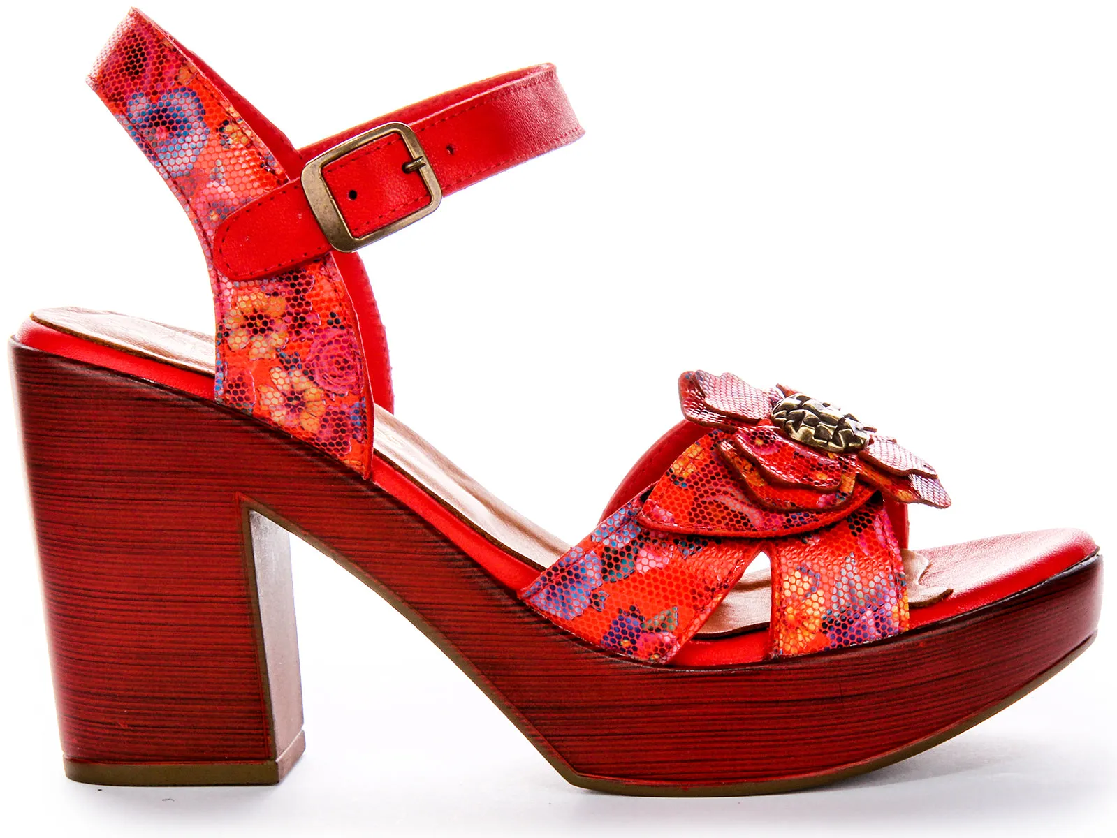 Zapatos de Tacón de Cuero para Mujer  Tacón Abierto Floral en Flor Negra de Justinreess