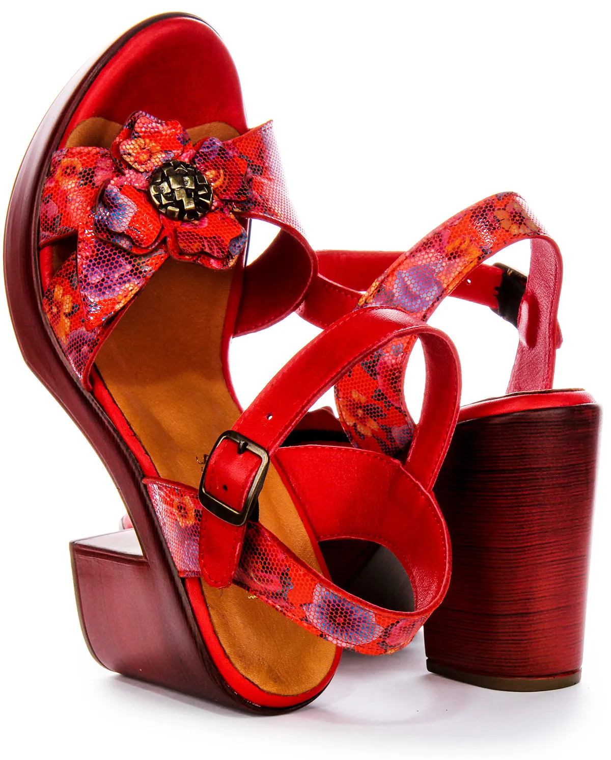 Zapatos de Tacón de Cuero para Mujer  Tacón Abierto Floral en Flor Negra de Justinreess