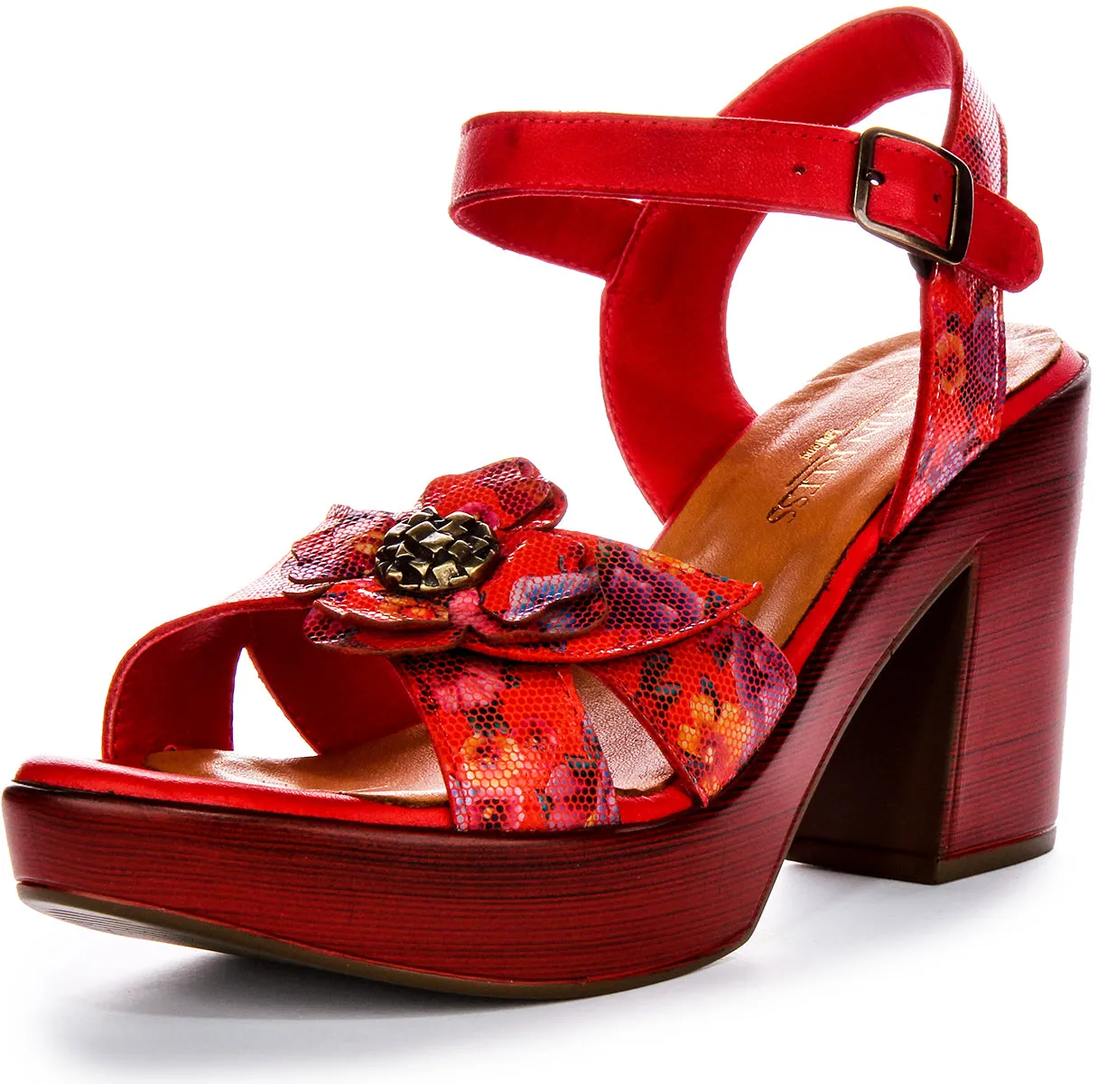 Zapatos de Tacón de Cuero para Mujer  Tacón Abierto Floral en Flor Negra de Justinreess